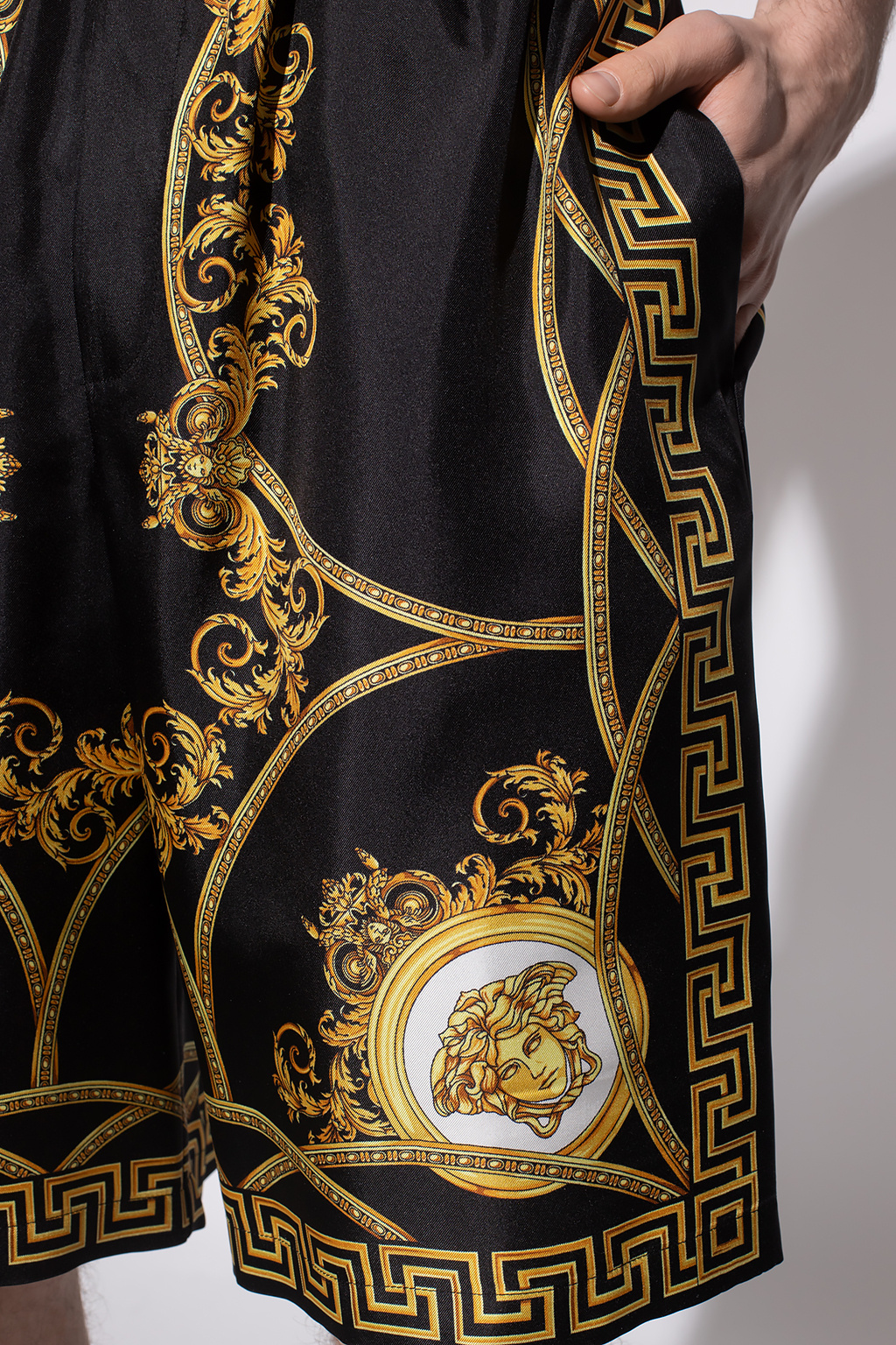 woven belt wide-leg jeans | Silk shorts Versace